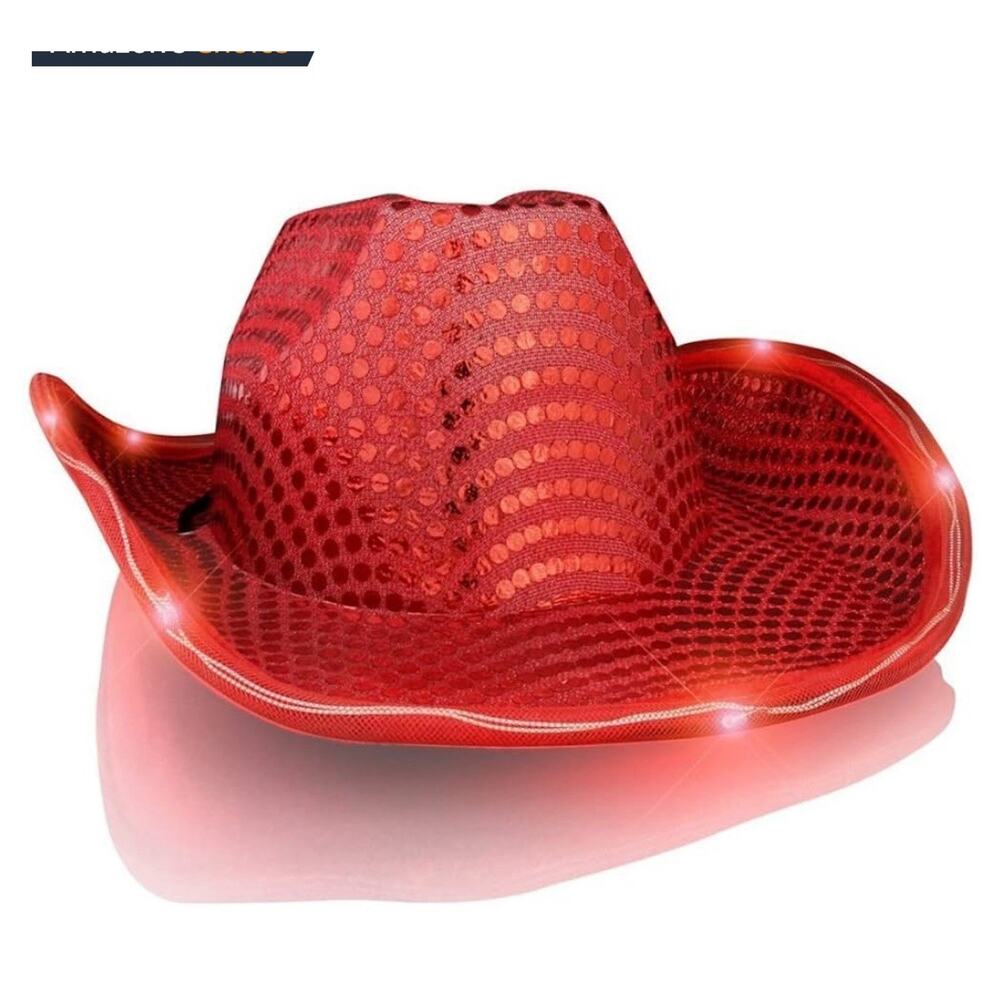 Light Up LED Flashing Cowboy Hat with Red Sequins. See Attached Images For Size